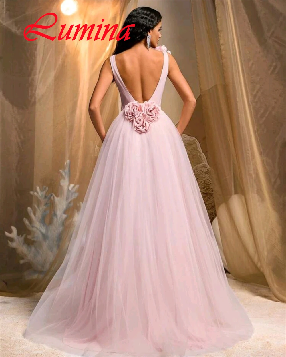 Maßgeschneidertes klassisches rosa Organza-Abendkleid, exquisites Partykleid mit U-Ausschnitt und Spaghettiträgern, zartes, rückenfreies Heimkehrkleid