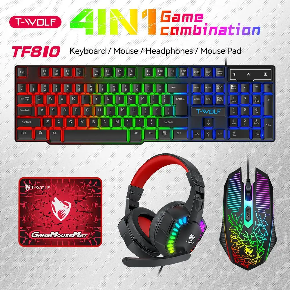 

Gaming Keyboard 4 In 1 Kit Spanish Keyboard Russian Arabic 100% Keyboard ISO Layout Gamer Keyboard Mouse Combo Backlight TF810 E