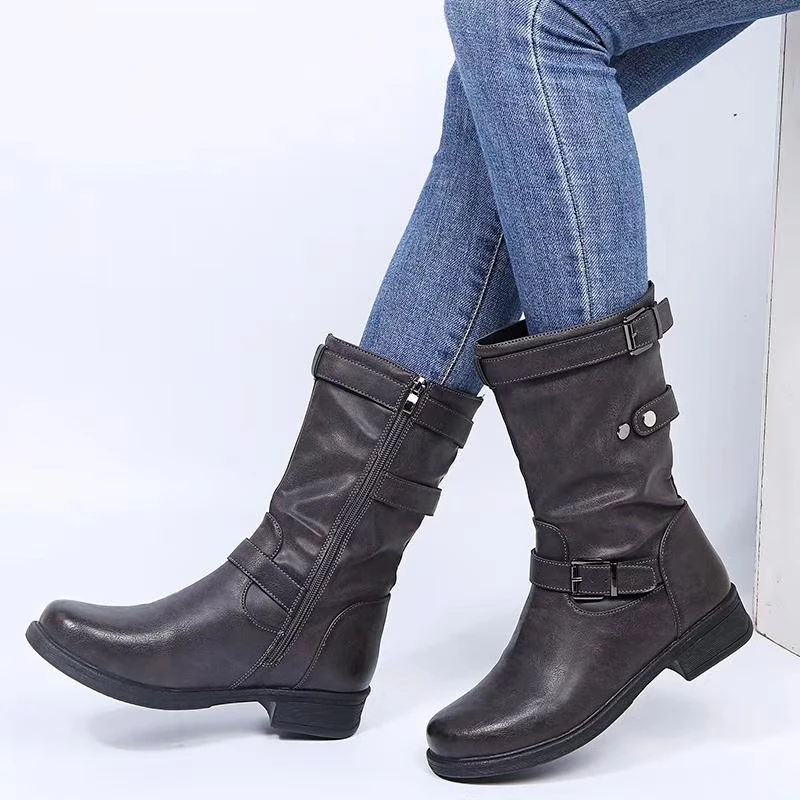 Women Buckle Mid-Calf Boots Female Low Square Heel Zipper Half Boots 2023 Woman Fall Winter Pu Flat Shoes Black Gray Size 43