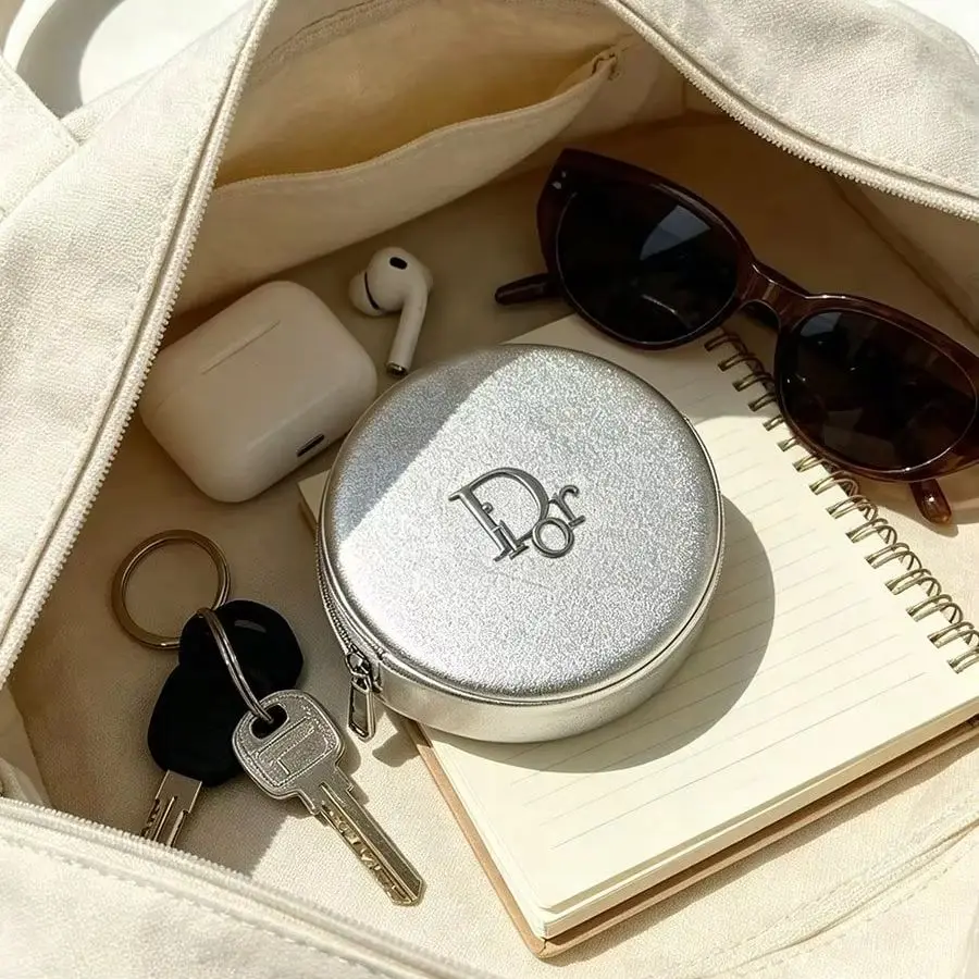 Dior Silver Round Waterproof Portable Leather Cosmetic Bag Travel Business Storage Pouch For Lipstick Powder Compact Luxury Gift