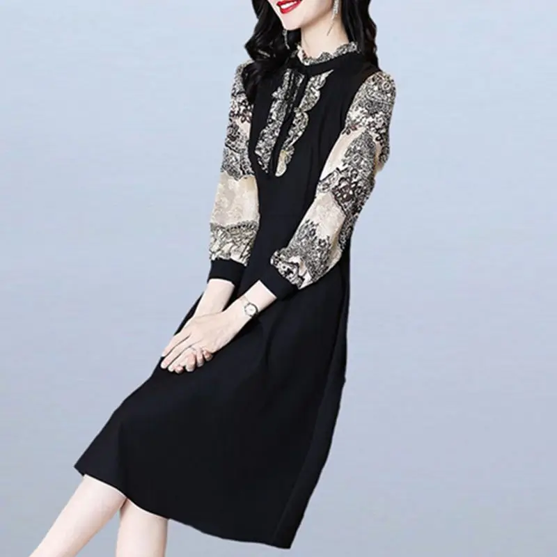 Spring and Autumn Women's Long Sleeve V-Neck Printed Slim Midi Folds Floral Fashion Casual Vintage Elegant Dress