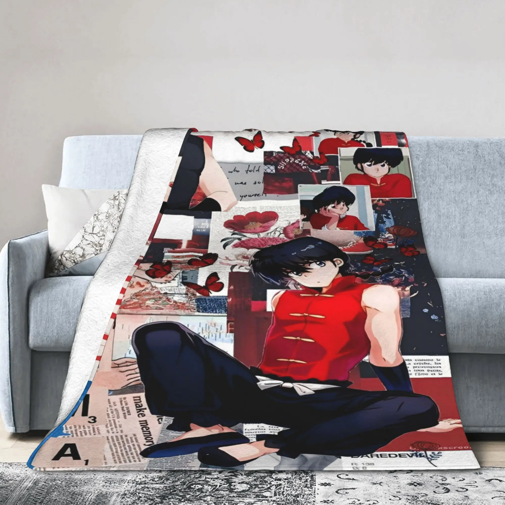 Ranma Saotom Anime Knitted Blankets Coral Fleece Plush  Super Warm Throw Blankets for Bedroom Sofa Bed Rug