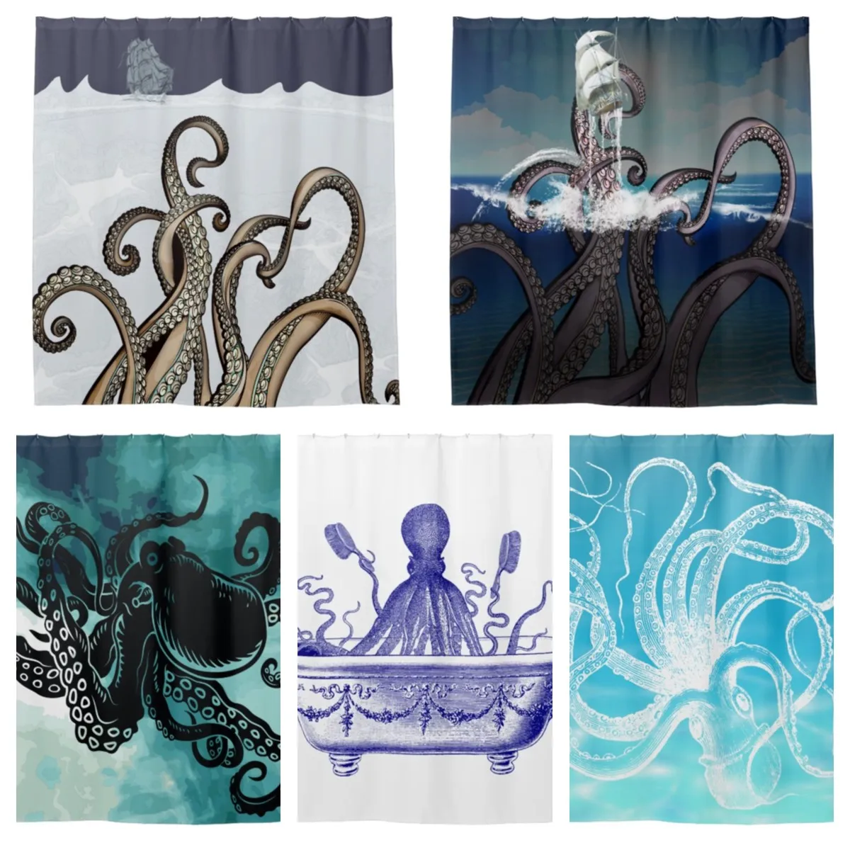 Vintage Ocean Octopus Kraken and Sailboat Illustration Shower Curtain Bathroom Curtain Hook Decorative Bathroom Curtain