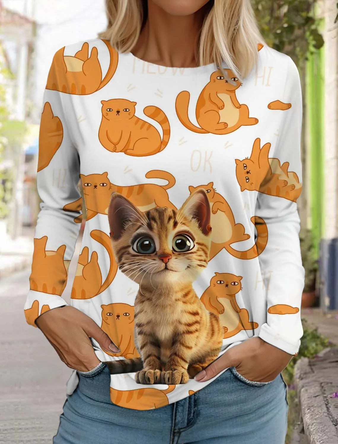 Christmas Cute Cat Women\'s Long Sleeves T-Shirt  Autumn New Animal Clothing Holiday Gift Clothing Fashion Casual Party T-Shirt