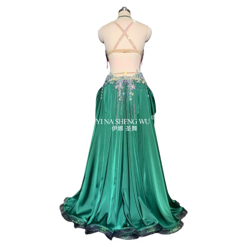 Traje de dança do ventre personalizado feminino, vestido de performance sênior, competição oriental, pedras ab, borla, malha, cetim, roupa de dança