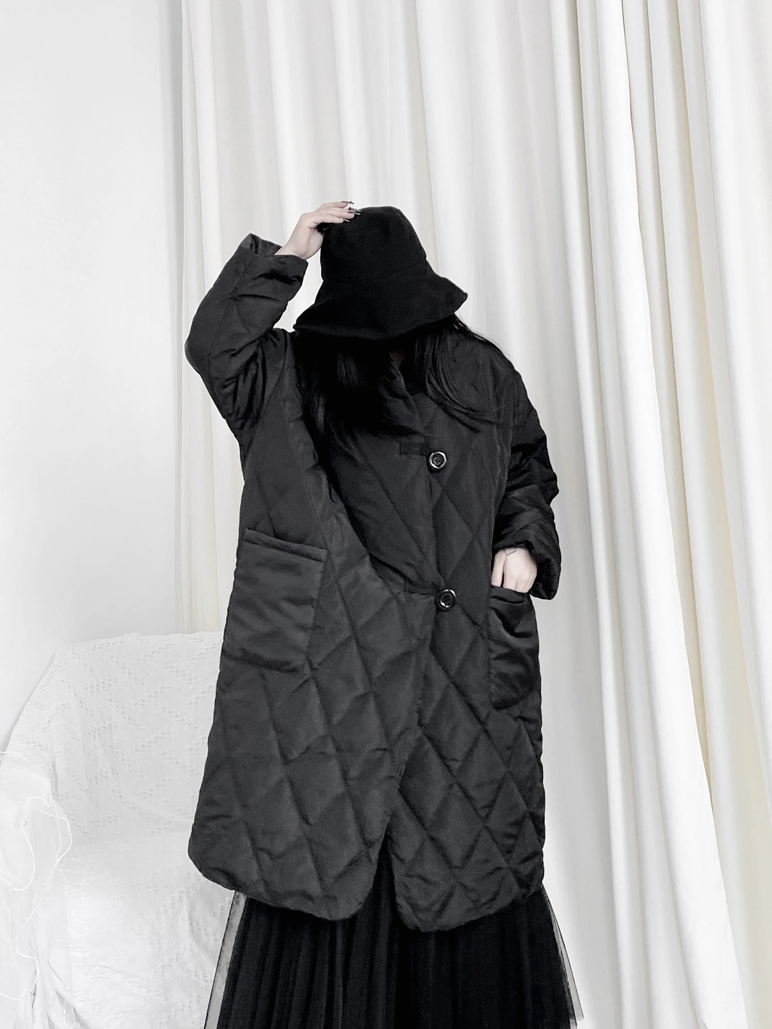 Dark Series Versatile Medium-Length Diamond Cotton Jacket Sumi Wind Simple Design Polyester Fabric Long Sleeve Commute Style