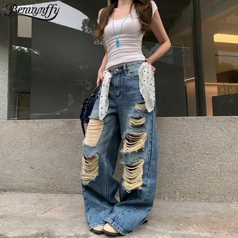

Benuynffy Vintage Y2K Ripped Washed Jeans Women's American Streetwear Low-rise Loose Casual Straight Wide Leg Denim Pants 2025