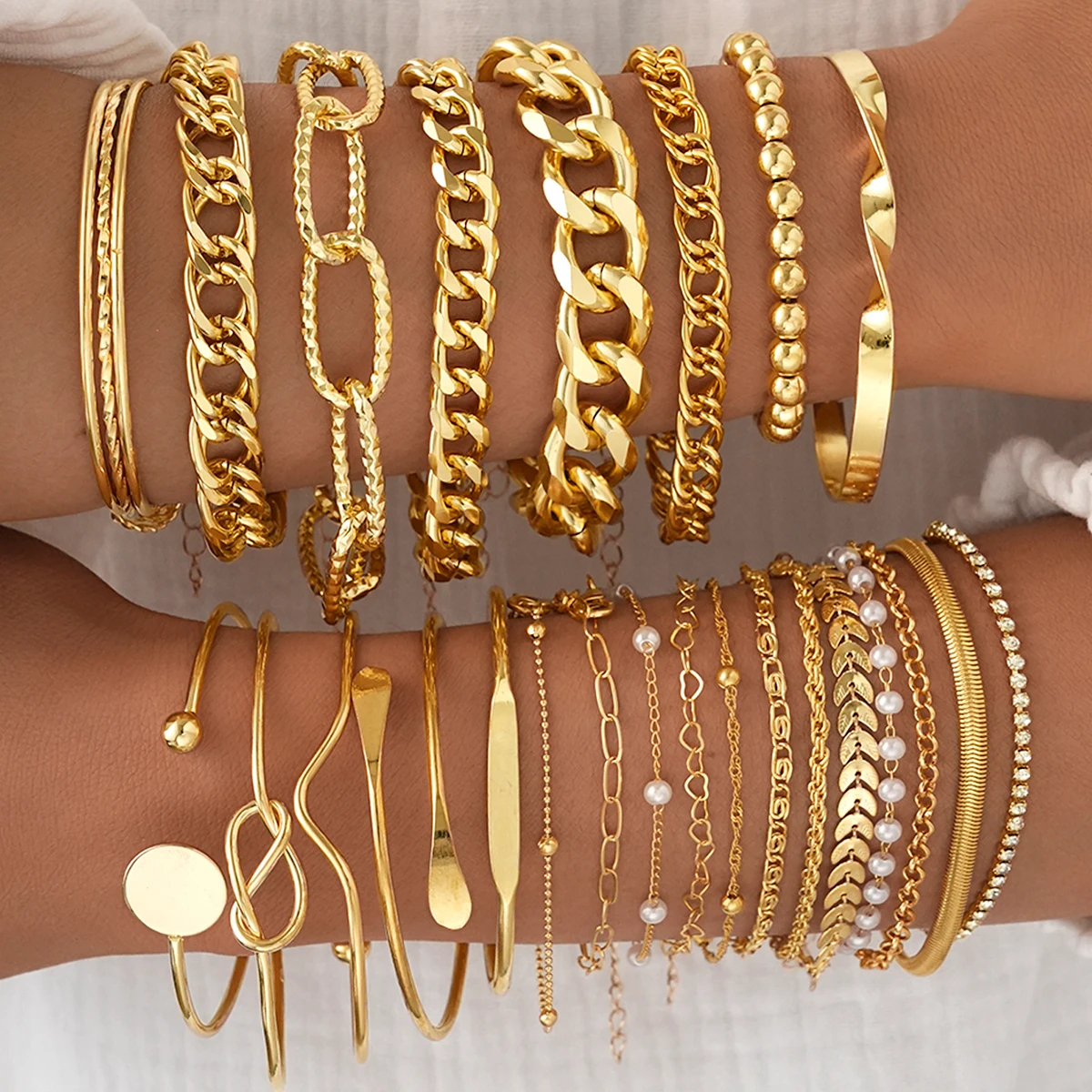 25 Pcs Simple Punk Chunky Chain Bracelet Set Metal Link Chain Combo Twisted Designs Multi Layered Women's Holiday Dating Gifts