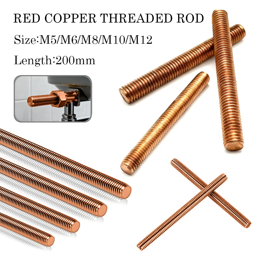 1Pc Copper Threaded Rod - M5/M6/M8/M10/M12 Sizes, 200mm Length | Red Copper Threaded Studding Bar
