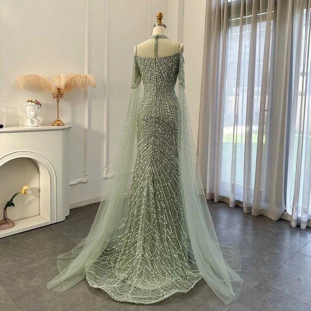 Women's High End Luxury Evening Dress Elegant Off Shoulder Floor Mopping Sheer Sleeves Prom Gown Full Body Beading Design Dress