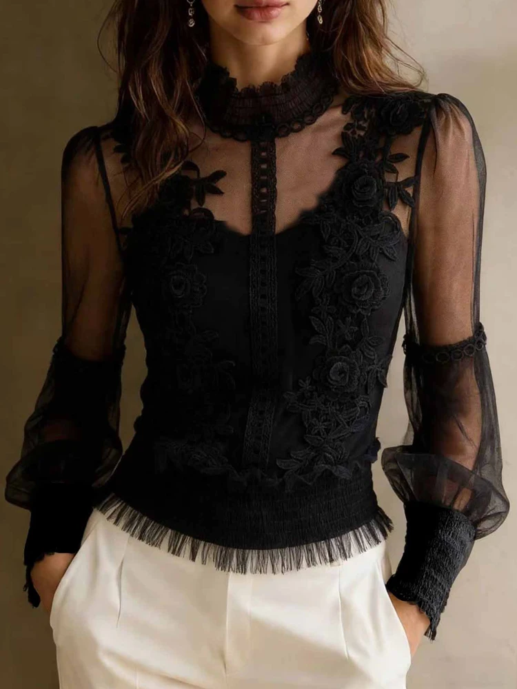 Elegant Solid Color Spring Summer New Tops Lady Stereoscopic Floral Mesh Women's Shirts Casual Long Sleeve Slim Commute Blouse