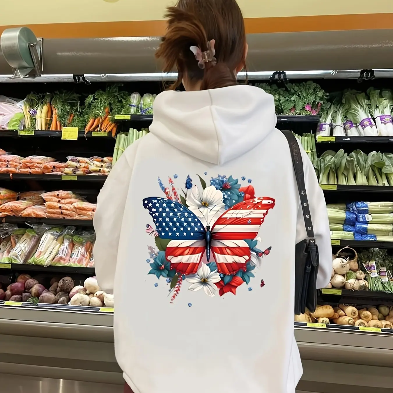 

2024 Autumn and Winter Hot Sell A Women's Casual Hoodie Printed with The American Flag Butterfly Pattern Fashion Cotton Hoodie