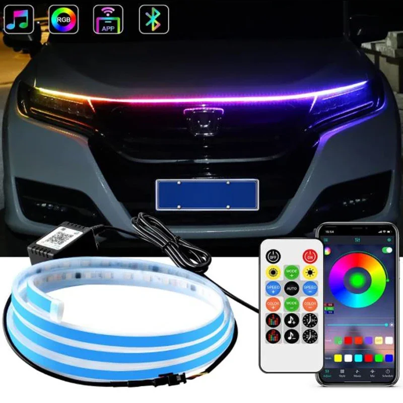 

LED Daytime Running Light Starting Car Hood Lights DRL Auto Ambient Decorative RGB Colorful Car Hood Light Strips APP Control