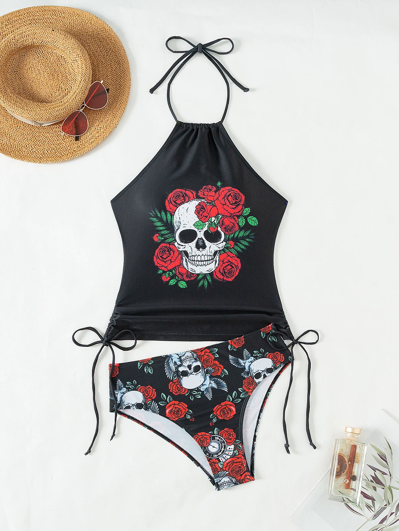 2025 New Sexy Rose Two-Piece Swimsuit For Women‘s Backless Gathered Beachwear Play Swimsuit Seaside Vacation Drawstring Swimwear
