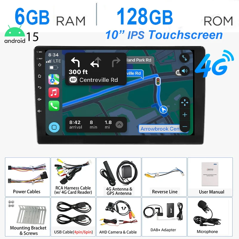 ESSGOO 7 "/9"/10 "Android15 8-Core 6 + 128G Autoradio Draadloos Carplay GPS Navi BT AM FM RDS WIFI QLED Touchscreen 4G LTE SWC 2 DIN