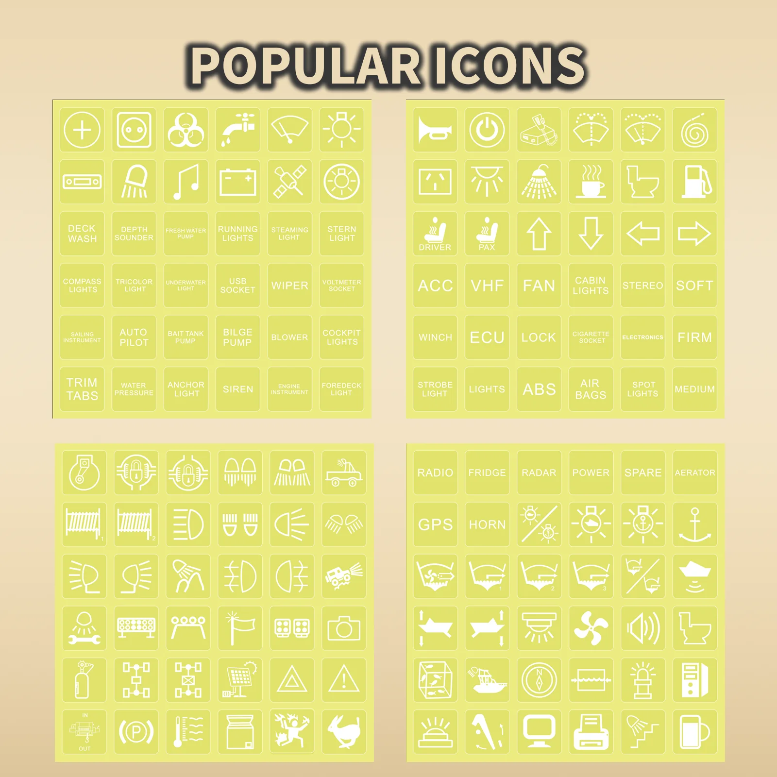 Peel‑and‑Stick Switch Labels | Waterproof Clear Stickers-144 White Icons 12mm Square Decals for Car & Boat Rocker Switches