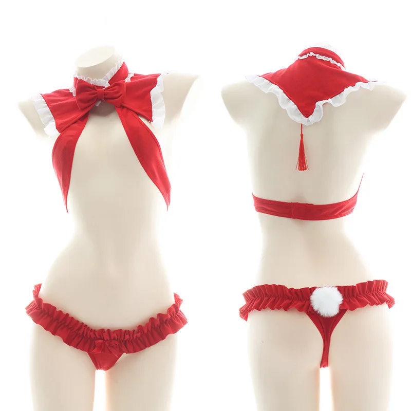 

Santa Sexy Costume Christmas Lingerie Set Cute Hollow Out Bikini Bowknot Ruffle Halter Neck Bra Rabbit Tail Briefs Cosplay Gift