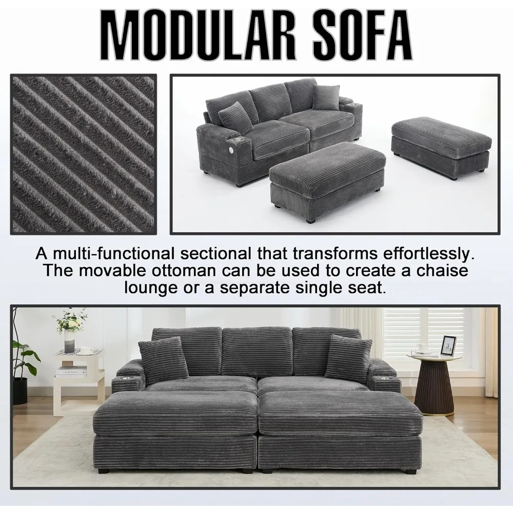 Модульный секционный диван Cloud с двумя пуфиками, удобная вельветовая обивка, раскладной диван с подстаканниками, USB Po