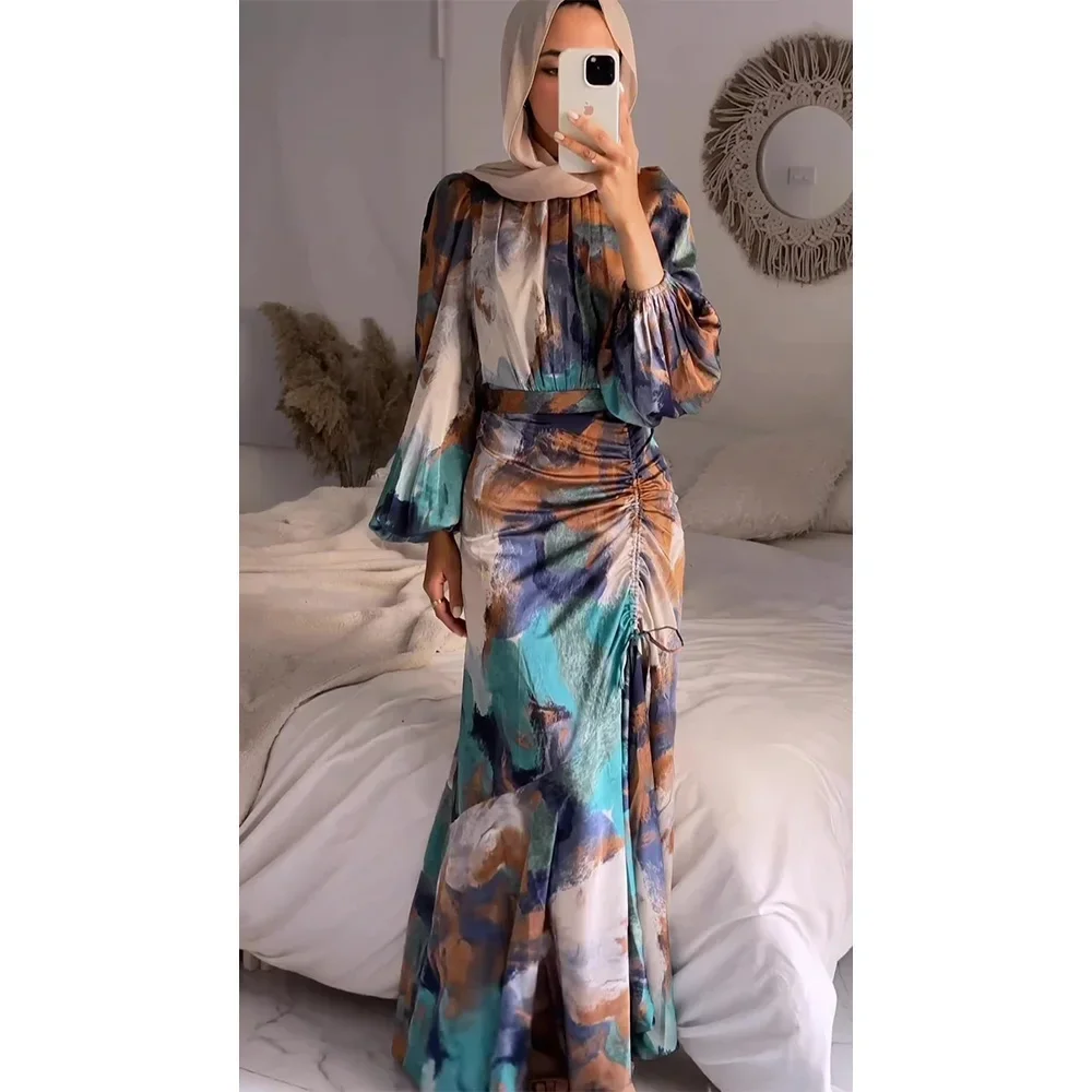 Eid Arab Muslim Party Dress for Women Abaya Print Jalabiya Long Dresses Morocco Kaftan Vestidos Dubai Ramadan Gown Robe 2024