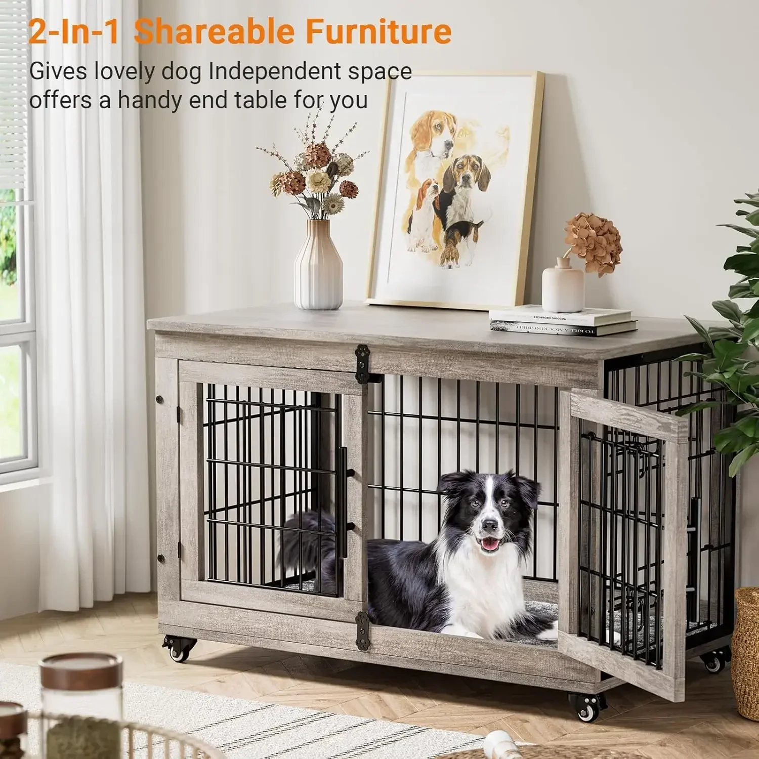 Dog Crate Furniture, Dog Kennel Indoor Double Doors , 38'' Heavy Duty , Decorative End Table Pet House Chew-Resistant, Grey