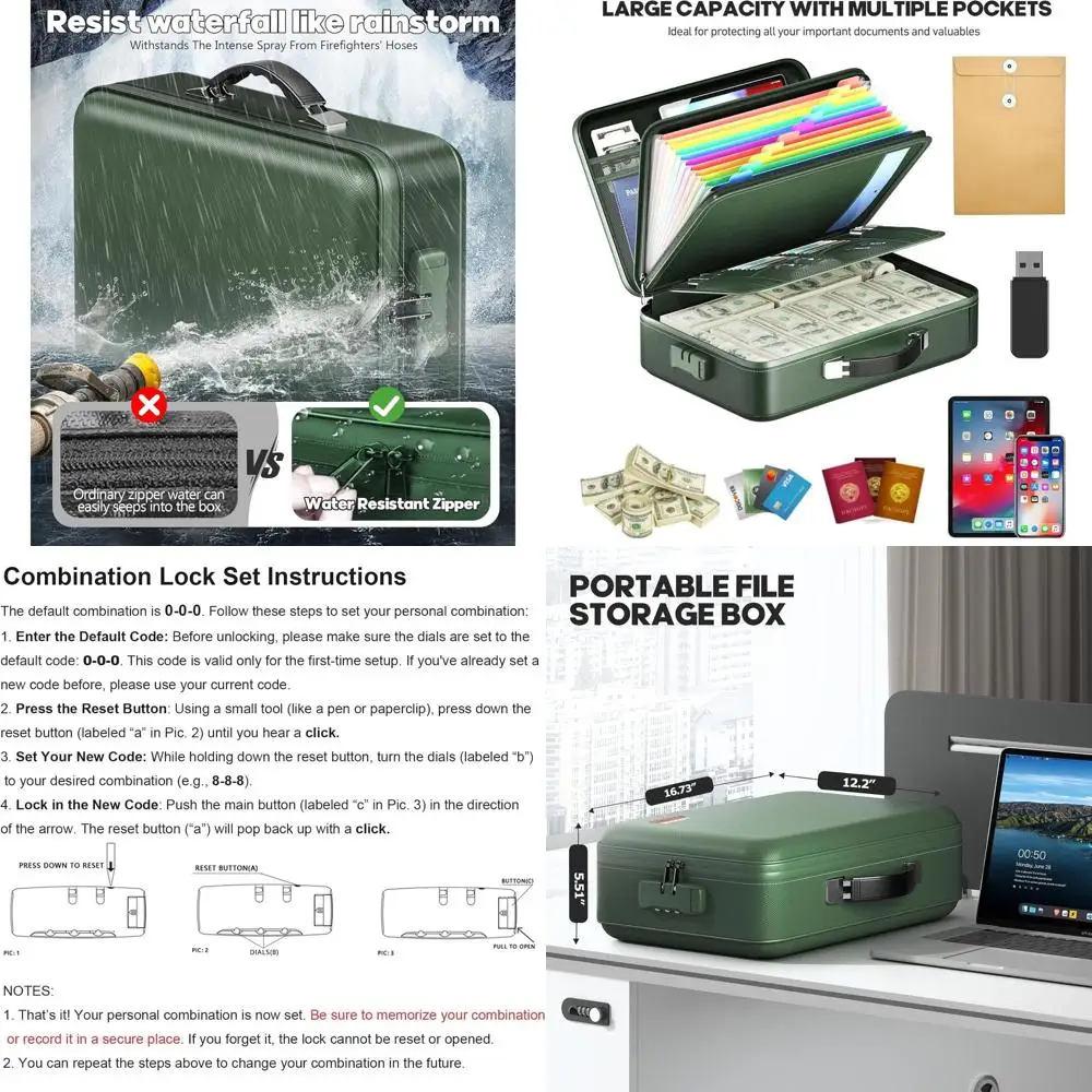 

Водонепроницаемый кейс для документов с замком, портативное хранилище для важных бумаг и ценных вещей (зеленый, 16x12x5)