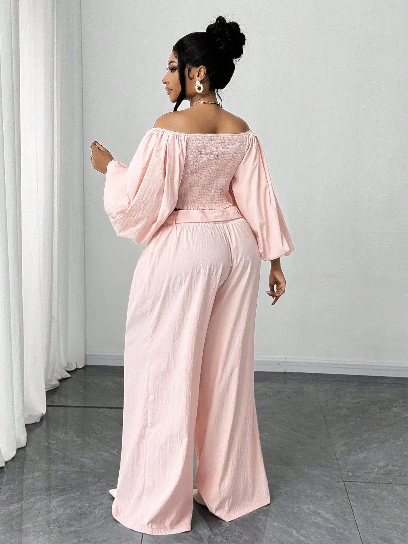 

Off Shoulder Puff Sleeve Crop Top And Wide Leg Pants Set