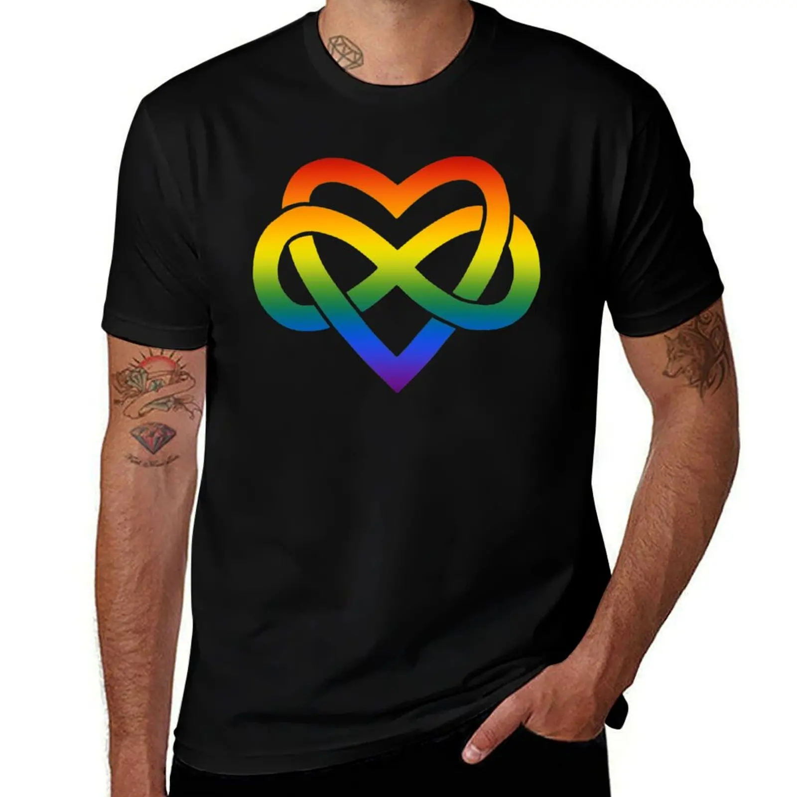 Rainbow Polyamory Inifinity Heart (black) T-Shirt Big Size Crew Neck T-Shirt