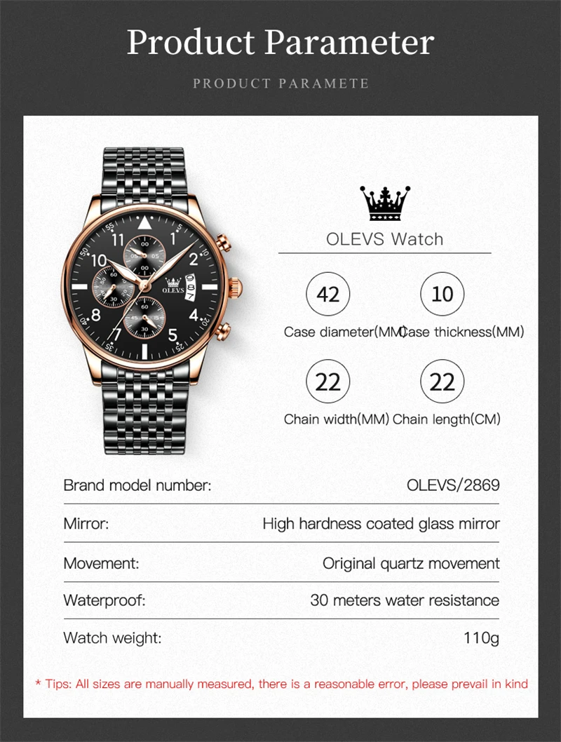 OLEVS 2869 Fashion Men's Watch Top Brand Quartz Clock Stainless Steel Band Waterproof Luxury Wristwatches Male Relogio Masculino
