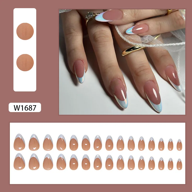 French Simple Fake Nails Ins White Edge Nude Color False Nail Tips Almond Stick on Nail Patch for Girl Lady Manicure Tools 24pcs