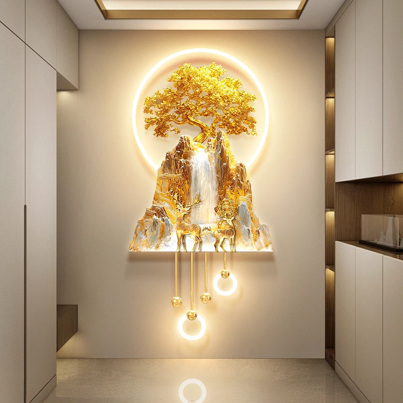 #Decorative Pendant Light Luxury Jinshan Flowing Water Living Room Entrance With Light Mural New