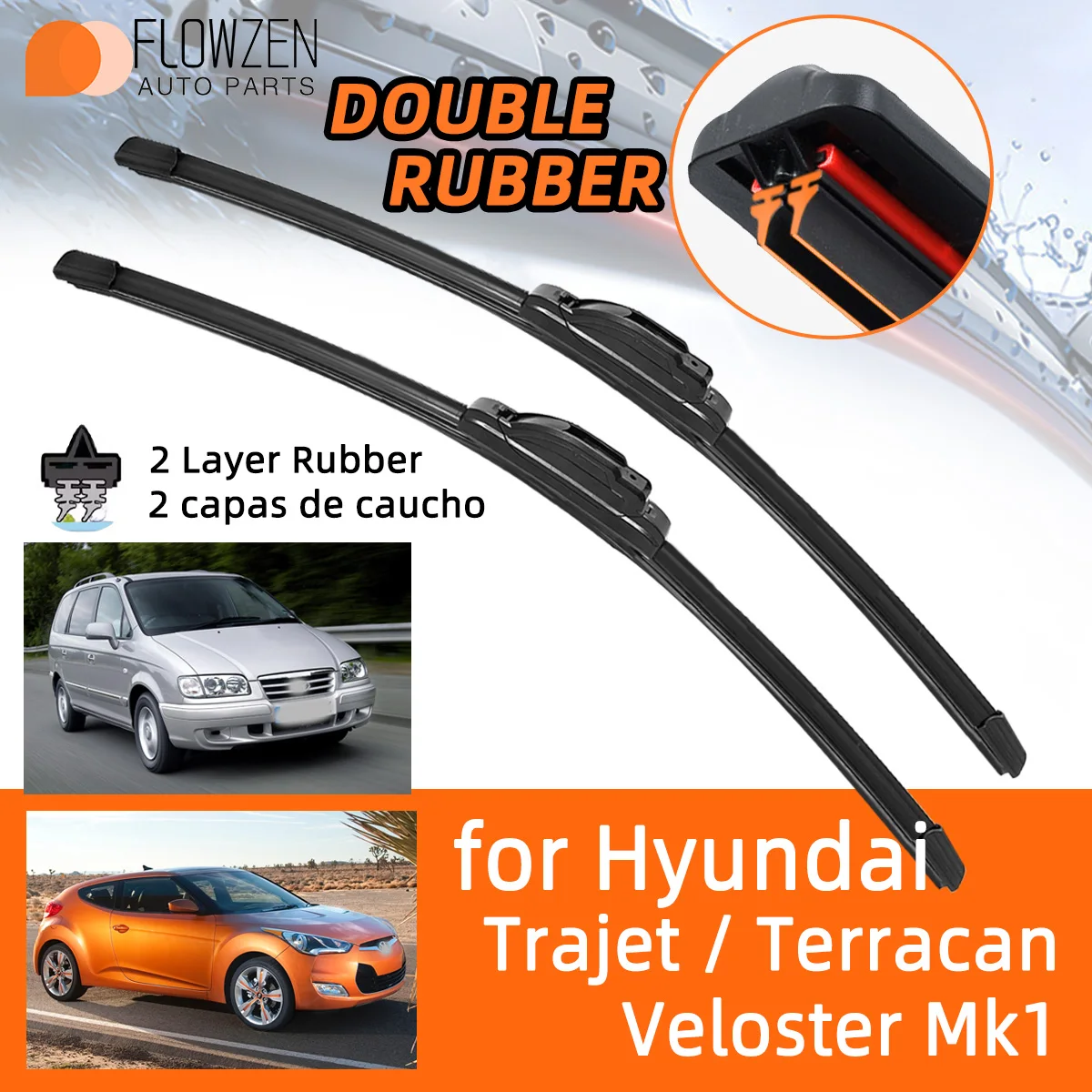 Car Wiper Blades for Hyundai Veloster MK1 2001-2018 Terracan Trajet 2000-2007 Double Rubber Wipers Winter Summer Wear J Hook