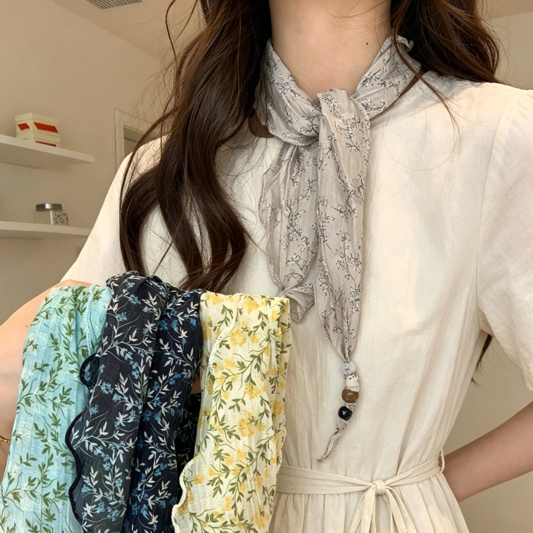Lightweight Floral Triangle Scarf for Women Korean Fresh Spring Summer Thin Breathable Neck Wrap Artistic Daily