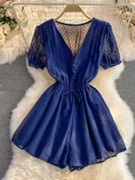2025 Summer Women Playsuit Polka Dot See Through Thin Beach Rompers Sexy V-neck Short Sleeve Drawstring Sash Slim Waist Overalls - Image 5