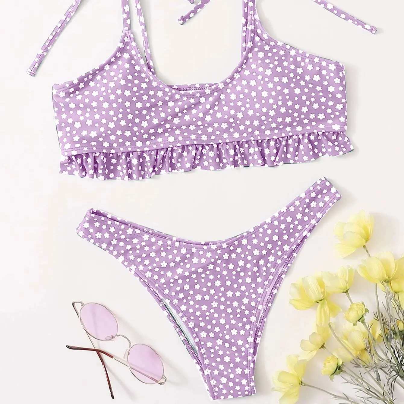 Small Flower Girl Bikini Set lace Bra Low Waist Shorts Swimwear Strip Tie Top 2 Pieces Swimming Suit