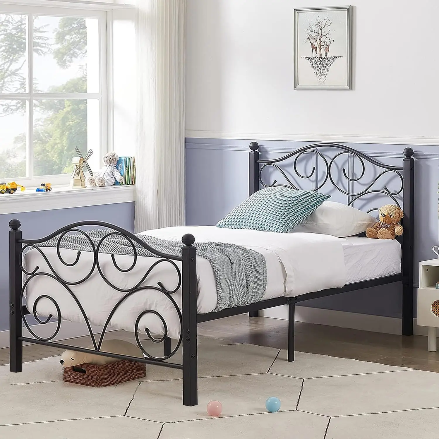 

Twin Size Bed Frame With Headboard And Footboard, Heavy Duty Metal Slat Support, Platform Mattress Foundation, No Box Spring