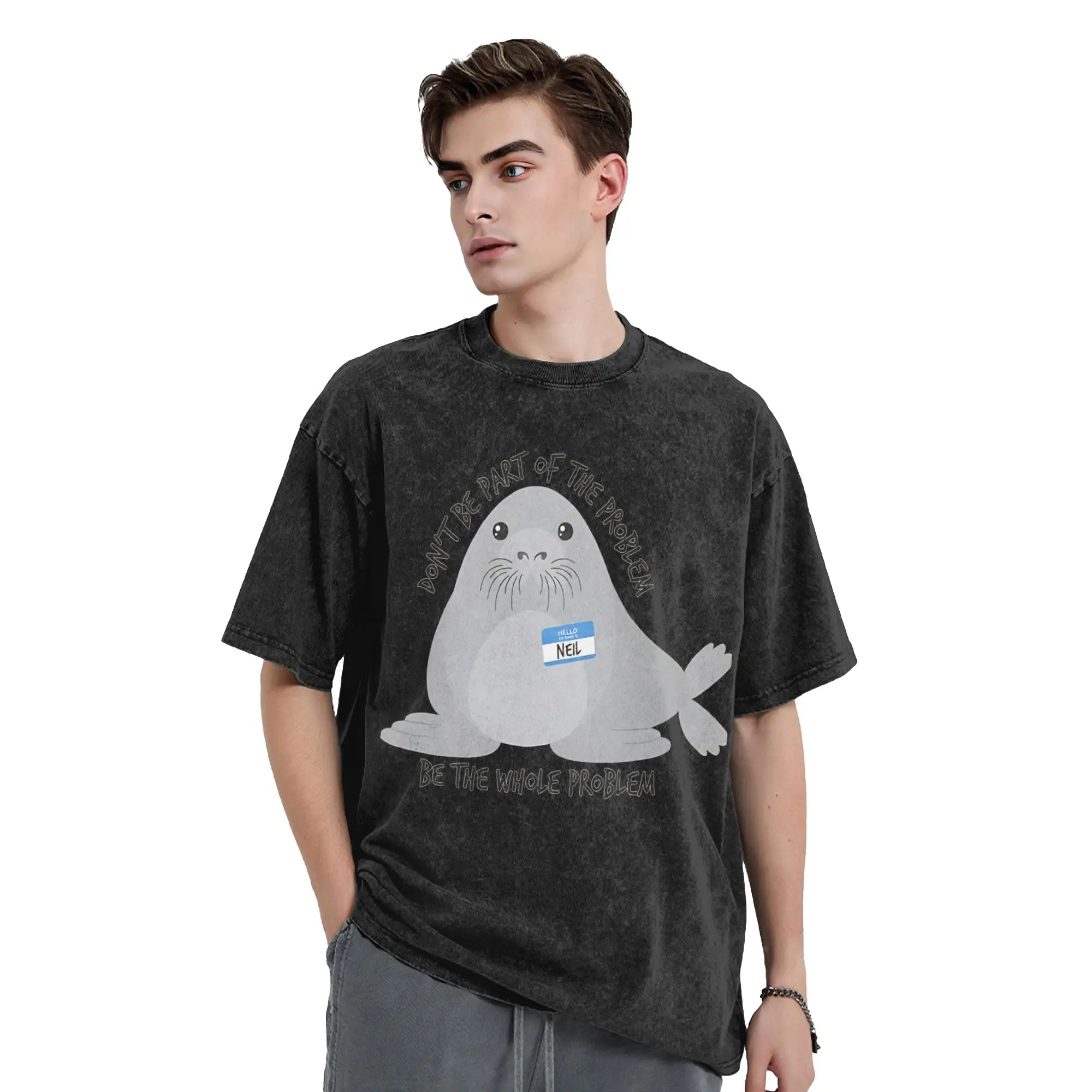 Washed T Shirts Neil the Seal Animal Hip Hop Novelty T-Shirts Oversize  Streetwear Cotton Printed Tops Tee Shirt for Men Women