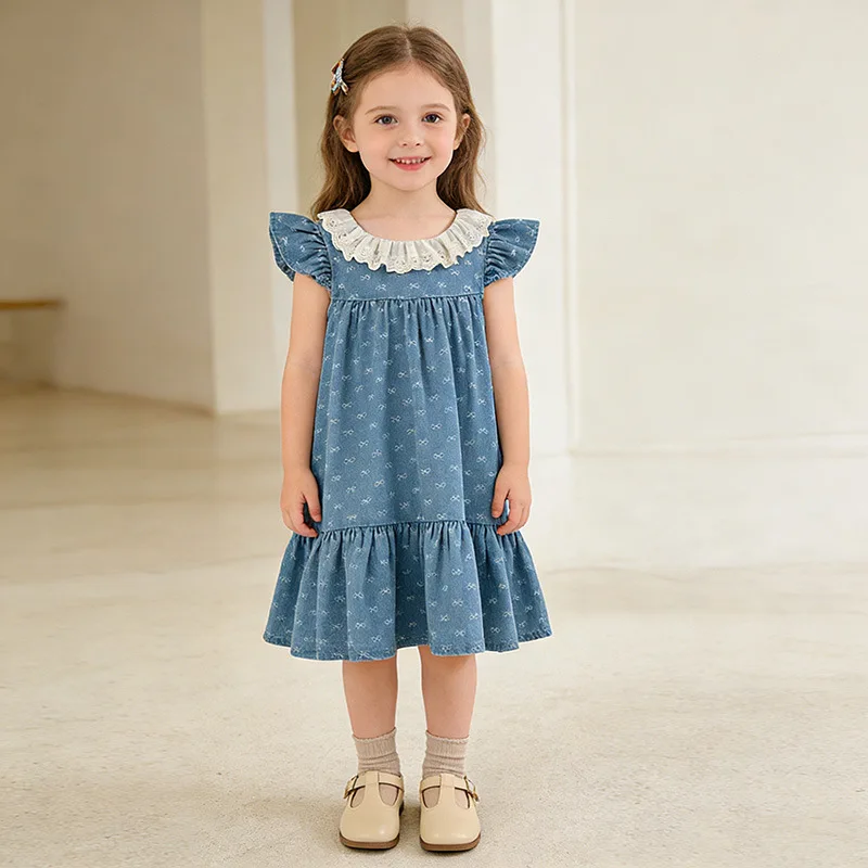 

Girls' summer dress new style children's denim bow print stylish girl's dress princess dress children's clothing