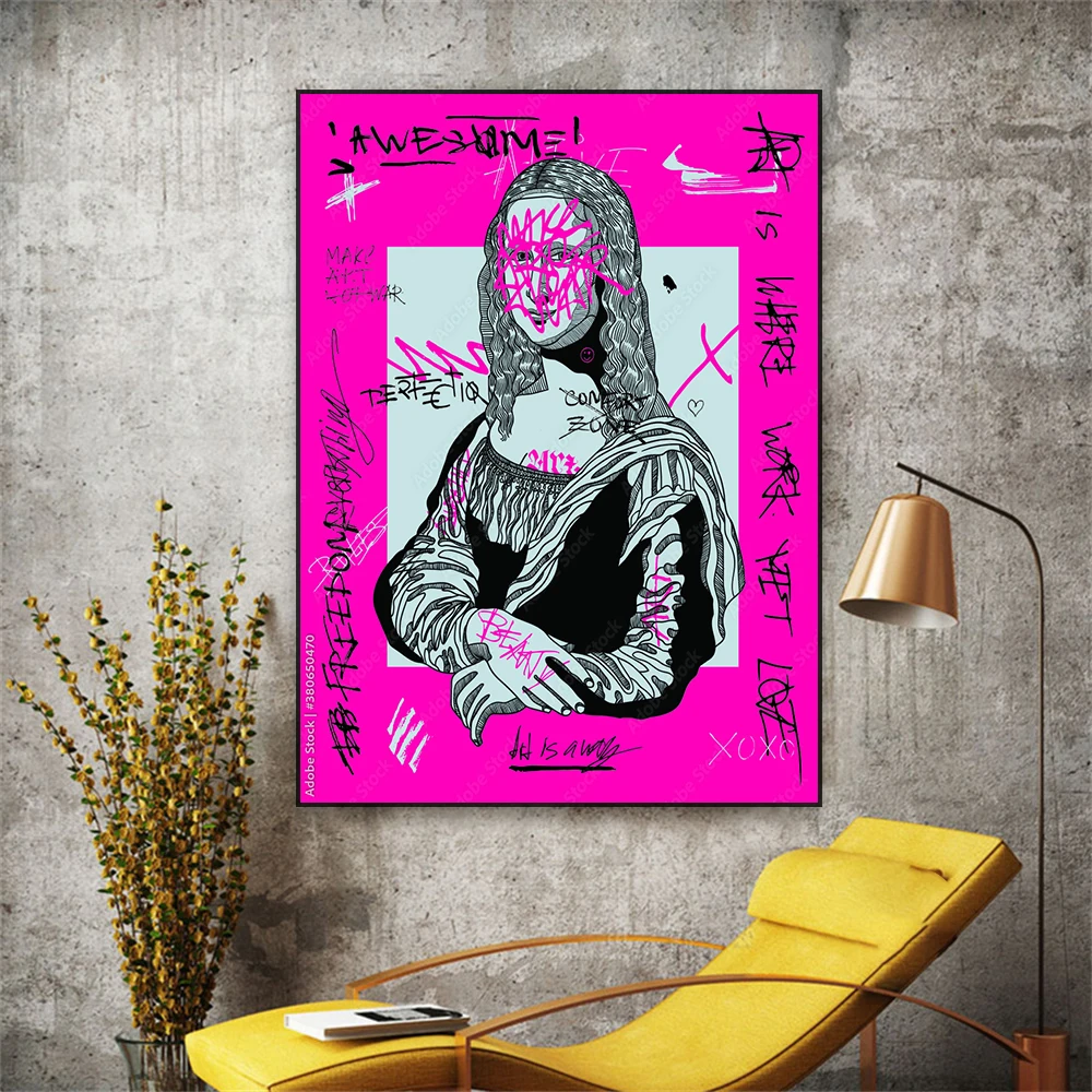 Mona Lisa Graffiti Aesthetic Poster Classic Leonardo da Vinci Alter Art Pop Street Pink Prints Canvas Painting Coffee Bar Decor