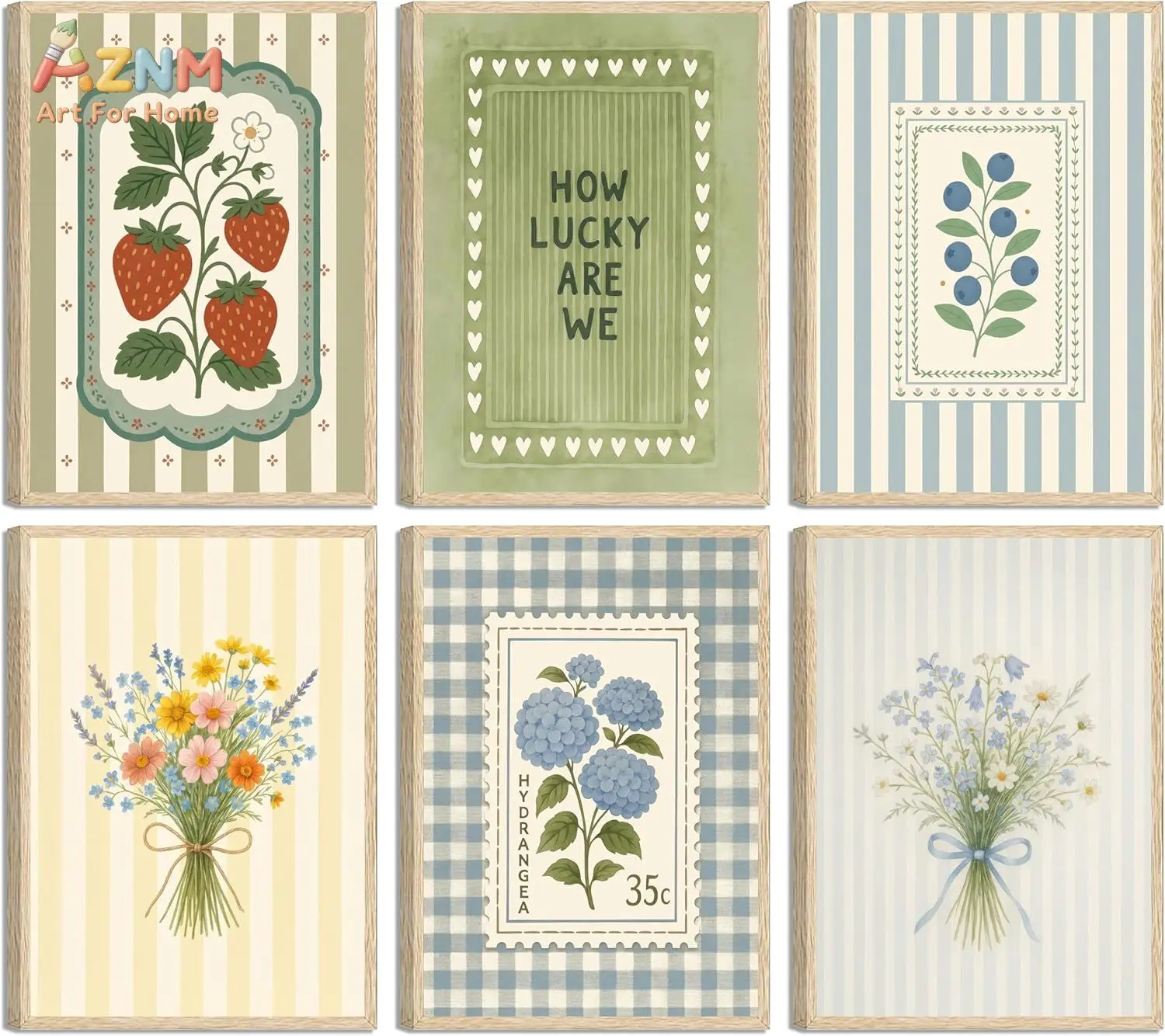 AZNM Boho Floral Fruit Canvas Wall Art Strawberry Blueberry Hydrangea Striped Checkered Print Cottagecore Home Decor Unframed