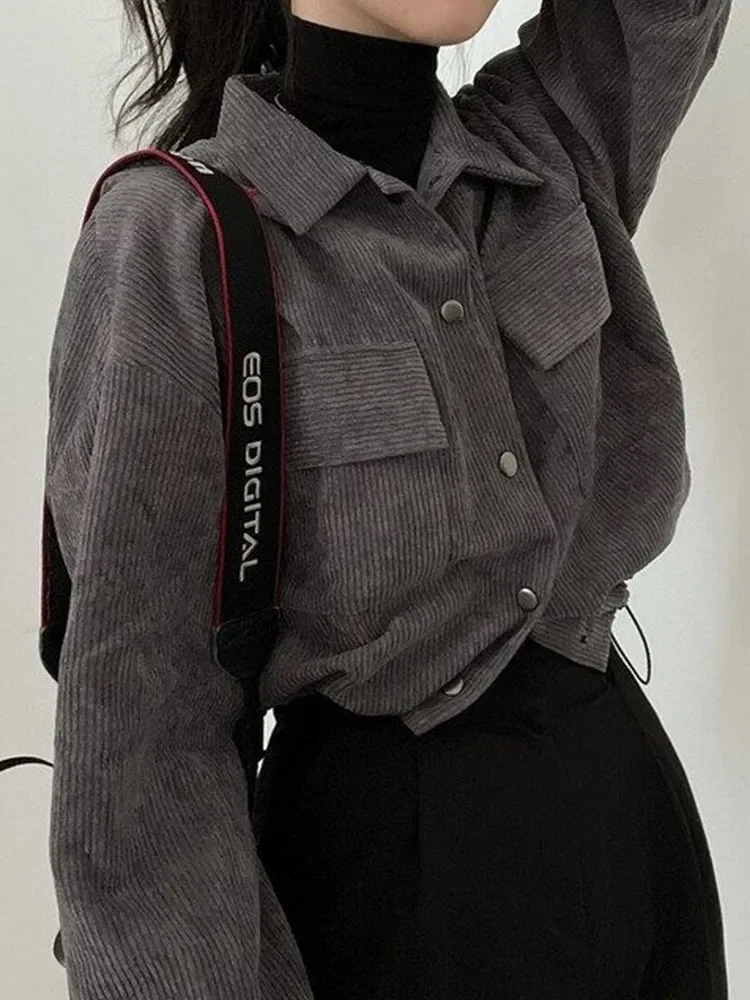 Kobiety Vintage sztruksowa krótka kurtka koreańska moda z długim rękawem bluzki ze sznurkiem kobiece luźne płaszcze jednorzędowe sweter