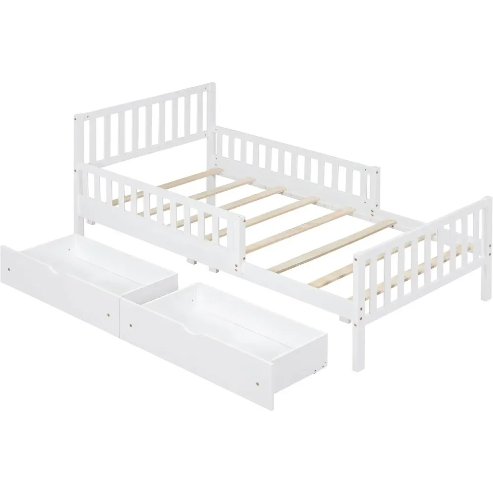 Children\'s bed.Kids Twin Bed with GuardrailsLow Platform Bed with Headboard and Footboard,White Children Bed Frame with2Drawers