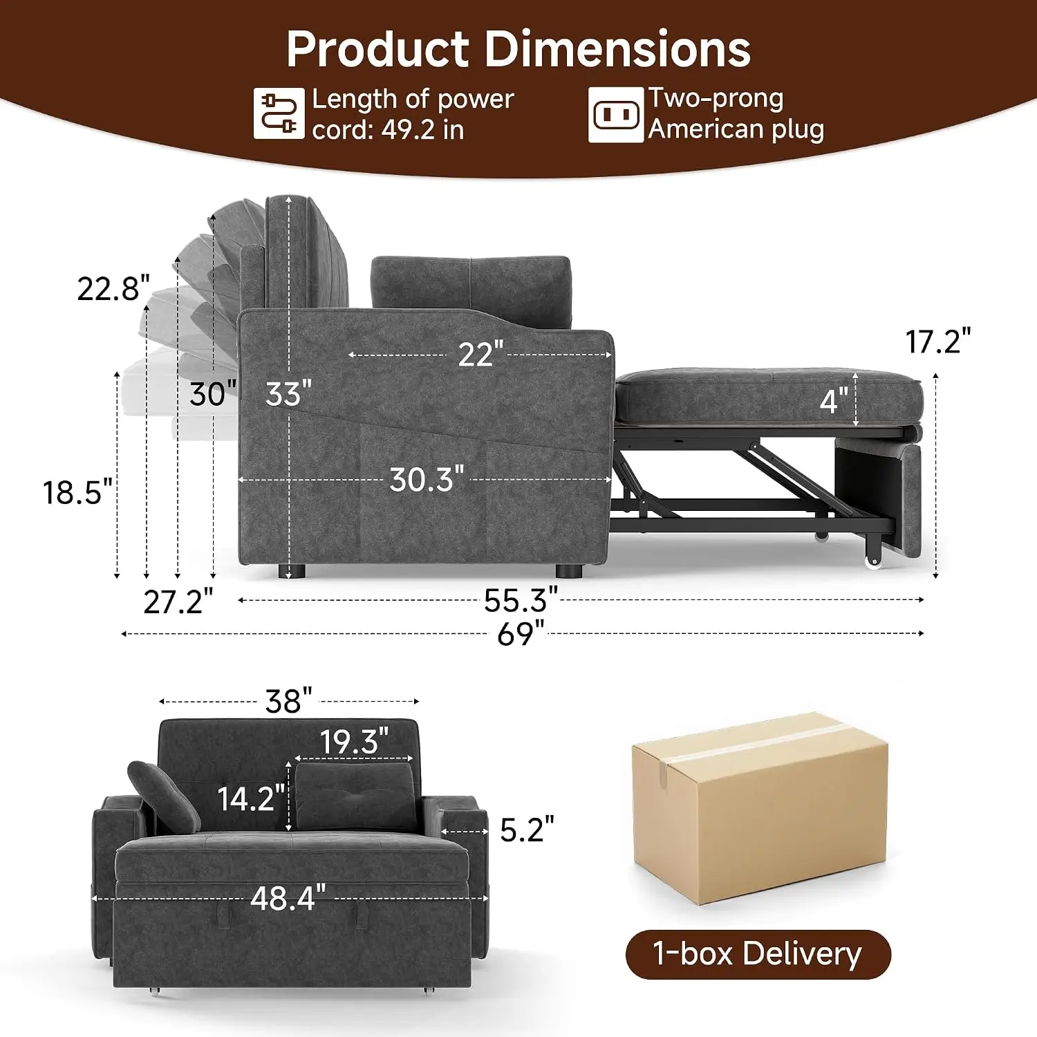 3-in-1 Loveseat Sleeper, Chenille, USB & Type-C Charging, 5-Position Backrest, Cup Holders, Storage Pockets, Customized
