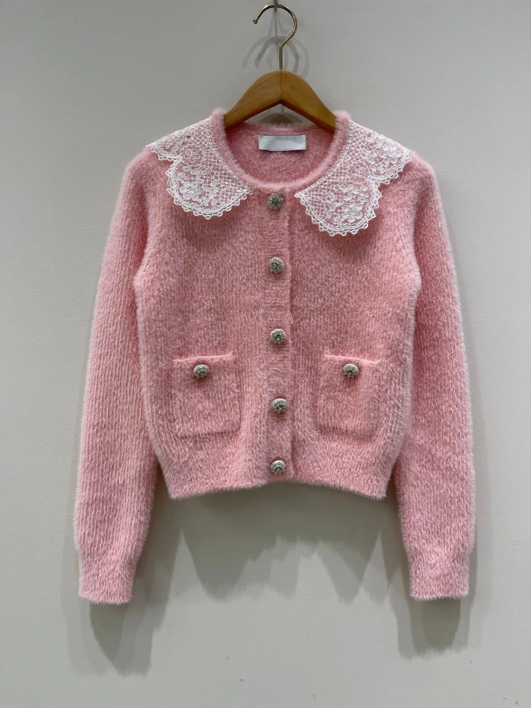 2024 Autumn New Women's Clothing Pink lace collar crystal buckle knit cardigan and knit mini skirt set 0822