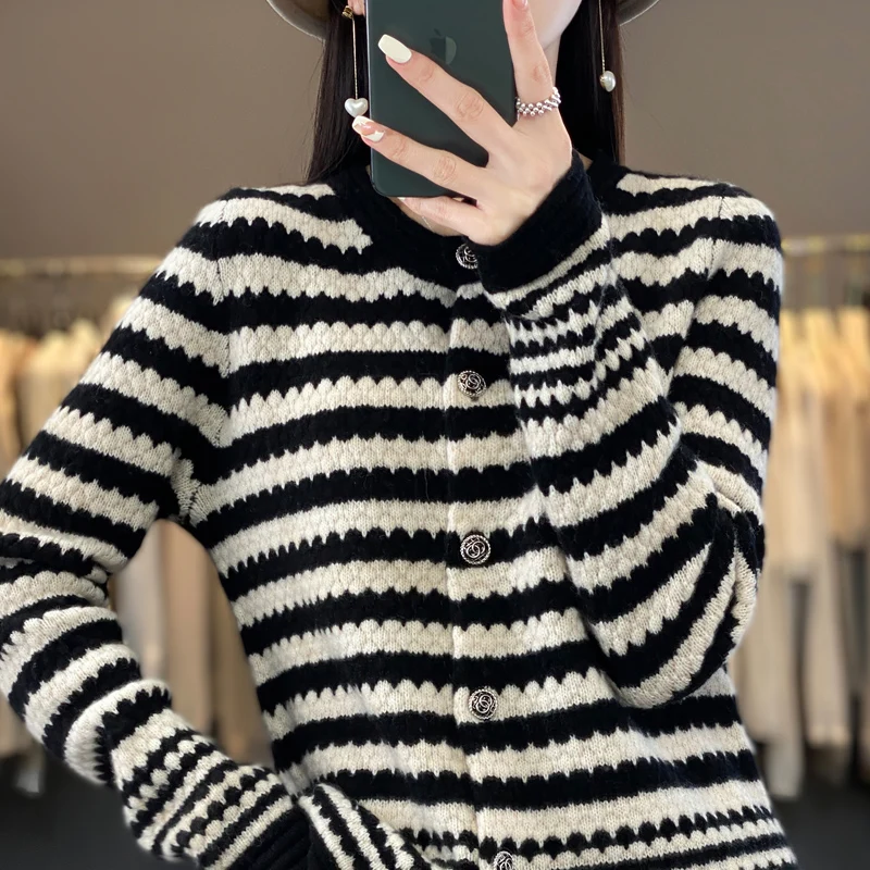 Fashion Striped Button Round Collar Sweater Women Wool Cardigan High Street 2024 Autumn Winter New Casual Knit Long Sleeve Tops