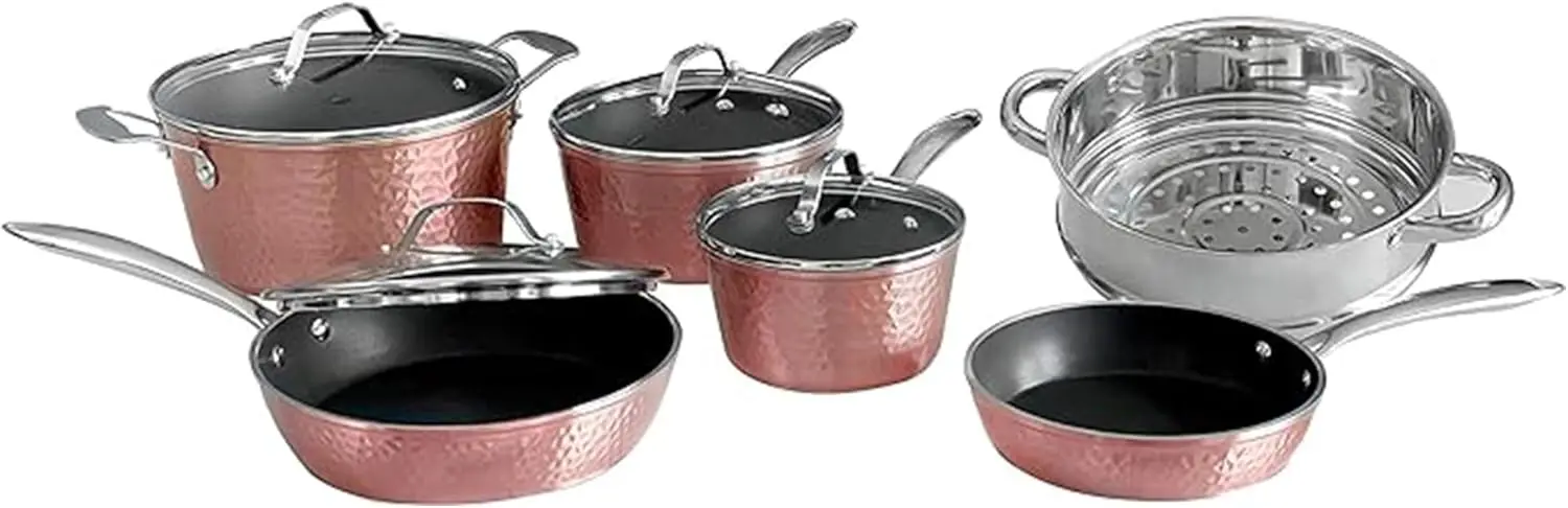 

Ceramic Pots and Pans for Cooking - 10 Piece Cookware Set with Glass Lids, Rose Hammered Design, Elegant, Lightweight & Durable