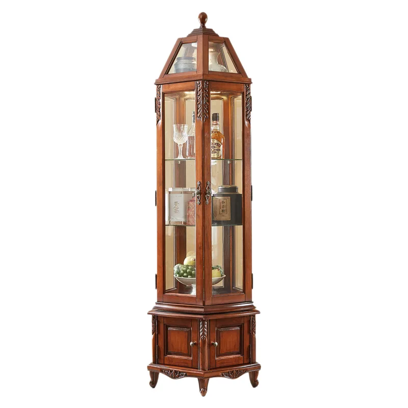 LMM American retro solid wood corner cabinet 360 ° rotating glass display cabinet