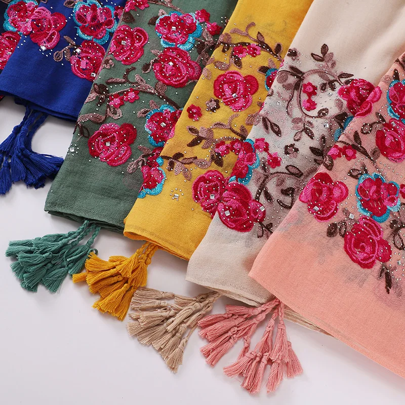 Embroidery Cotton Linen Hajib Scarf Floral Printed Hijabs High Quality Shawls Soft Fringed Scarf Shawls Islamic Ladies Headwear