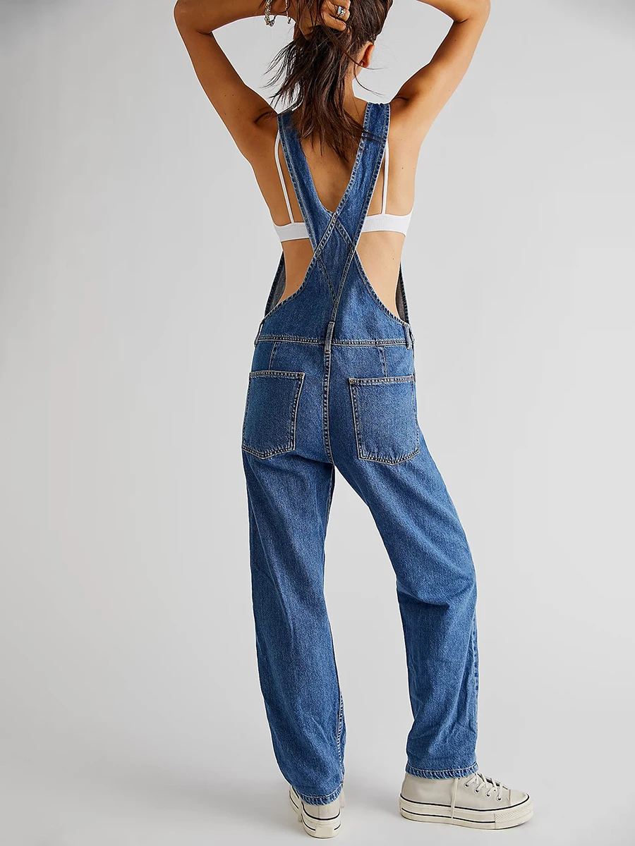 Women Denim Long Jumpsuit Casual Spaghetti Strap Wide Leg Romper Pants Summer Baggy Bib Overalls