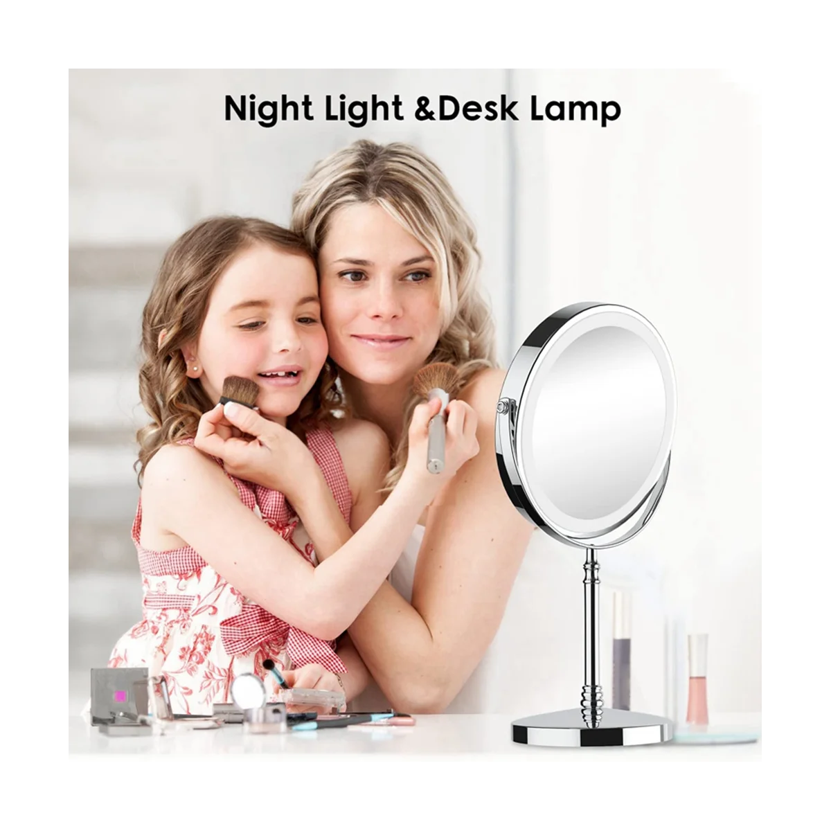 10X LED Mirror Rechargeable Make Up Mirror with 3 Colors, Brightness Adjustable Magnification Cosmetic Mirror 2 Side-B