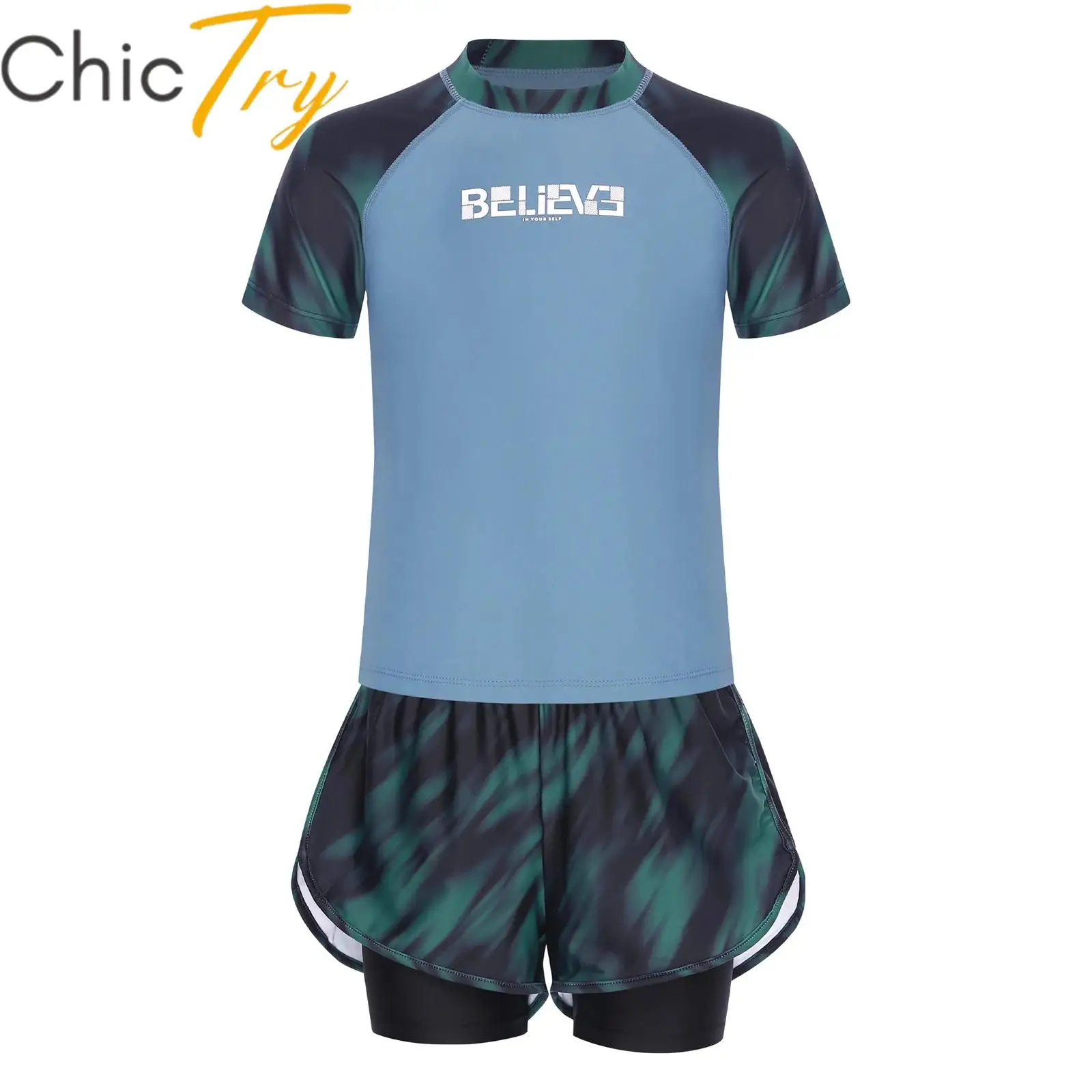 

Kids Boys Bathing Suit Quick-Drying Rash Guard 2PCS Swimsuit Short Sleeve Top with Drawstring Sides Slit Double Layer Shorts